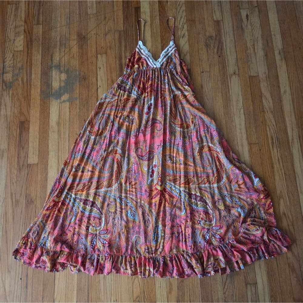 Y2K Pink Paisley Maxi Dress Lace Trim Ruffle Hem Boho Fairycore Viscose Large